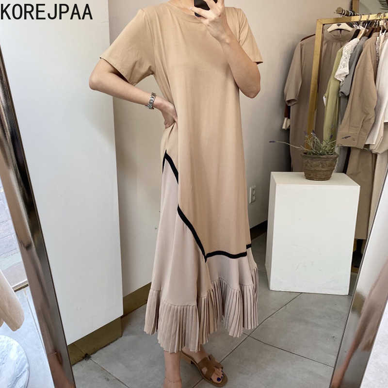 

Korejpaa Women Dress Summer Korean Chic French Retro Round Neck Loose Design Hem Contrast Color Stitching Pleated Vestidos 210526, Black