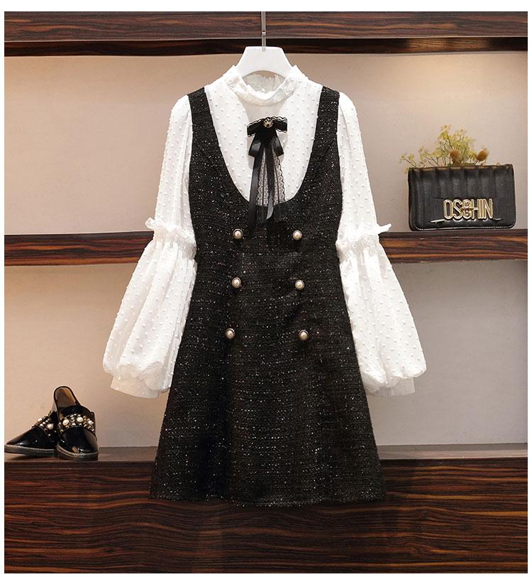 

Casual Dresses JSXDHK Arrival Plus Size Loose Waist Dress Autumn Women Double-breasted Tweed Tassel Patchwork Chiffon Bow Vestidos, Black