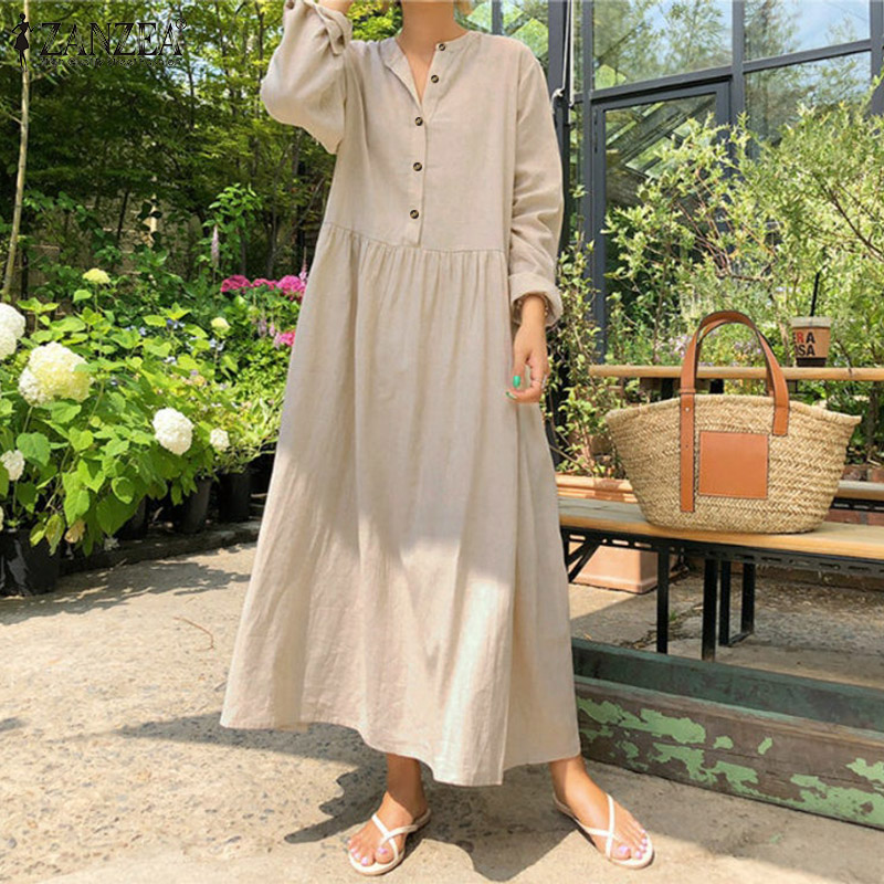 

2021 Autumn ZANZEA Women Casual Solid Long Shirt Dress Pockets Long Maxi Vestidos Office Lady Work Cotton Dress Party Robe Femme, Beige