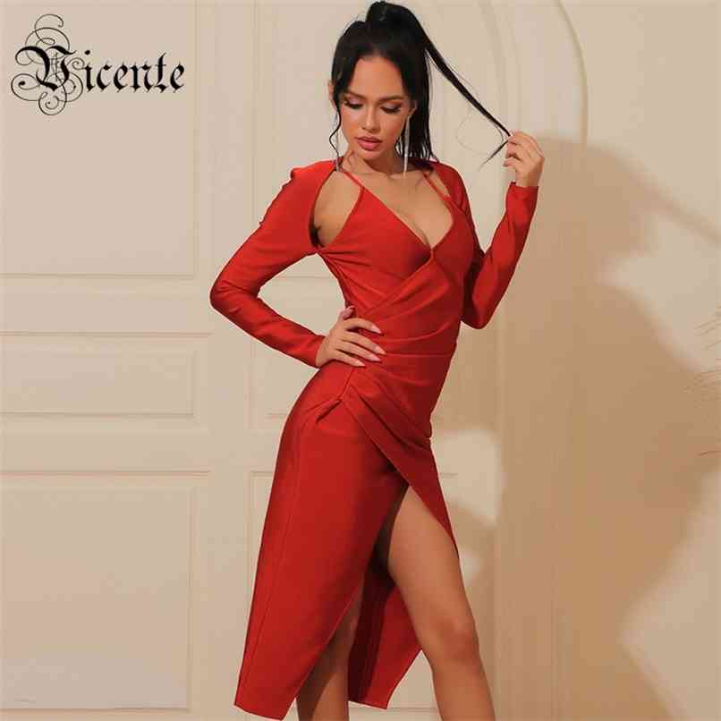 

Trendy Draped Design Red Midi Dress Sexy V Neck Celebrity Party Club Bandage Vestido 210520