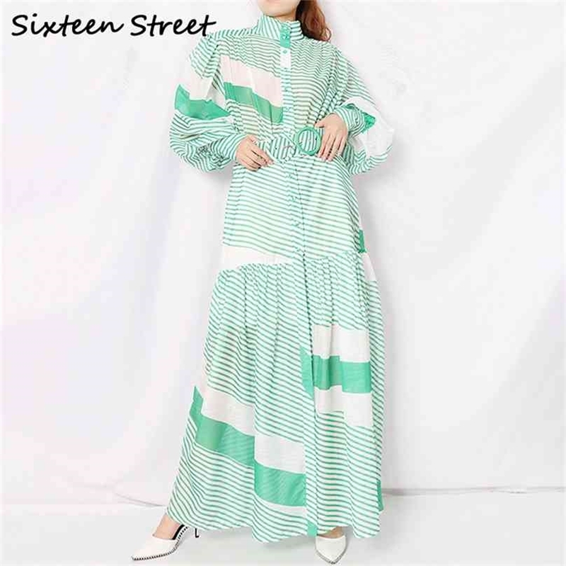 

Woman long dress sashes green striped lantern sleeve vestidos boho Split maxi female autumn winter 210603