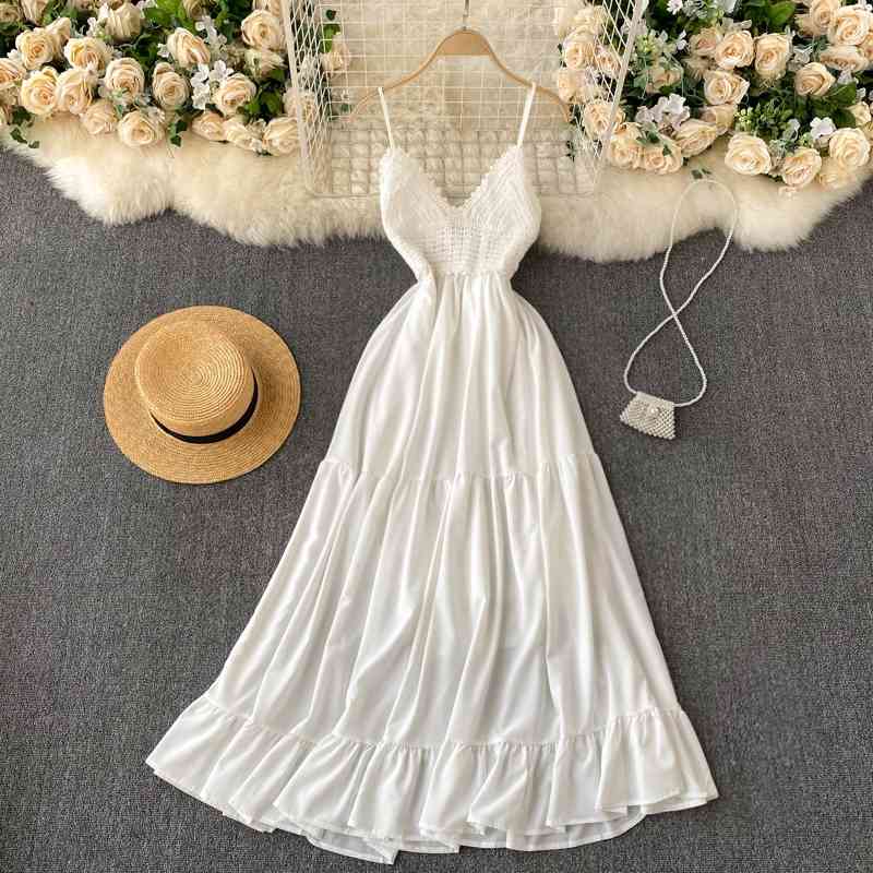 

Retro Women White Dress Summer Knit Patchwork Sexy V-neck Backless Bangade Boho es Ladies French Long Robe Vestidos 210602