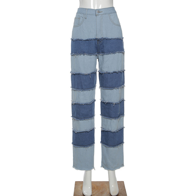 

Women' Fashion Color Patchwork Jeans Ripped Denim Long Wide Streetwear High Waist Pants for women, Blue