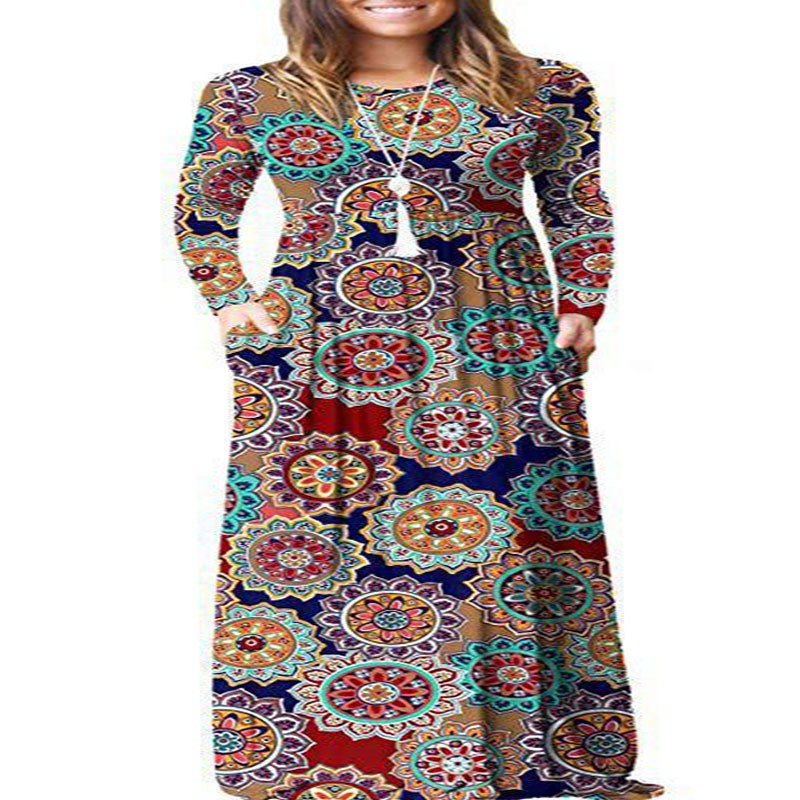 

Elements Printed Maxi women Spring New O Neck Pocket Plus Size Long Dress Flower Boho Vintage summer Dress Vestidos, Short sleeve -13