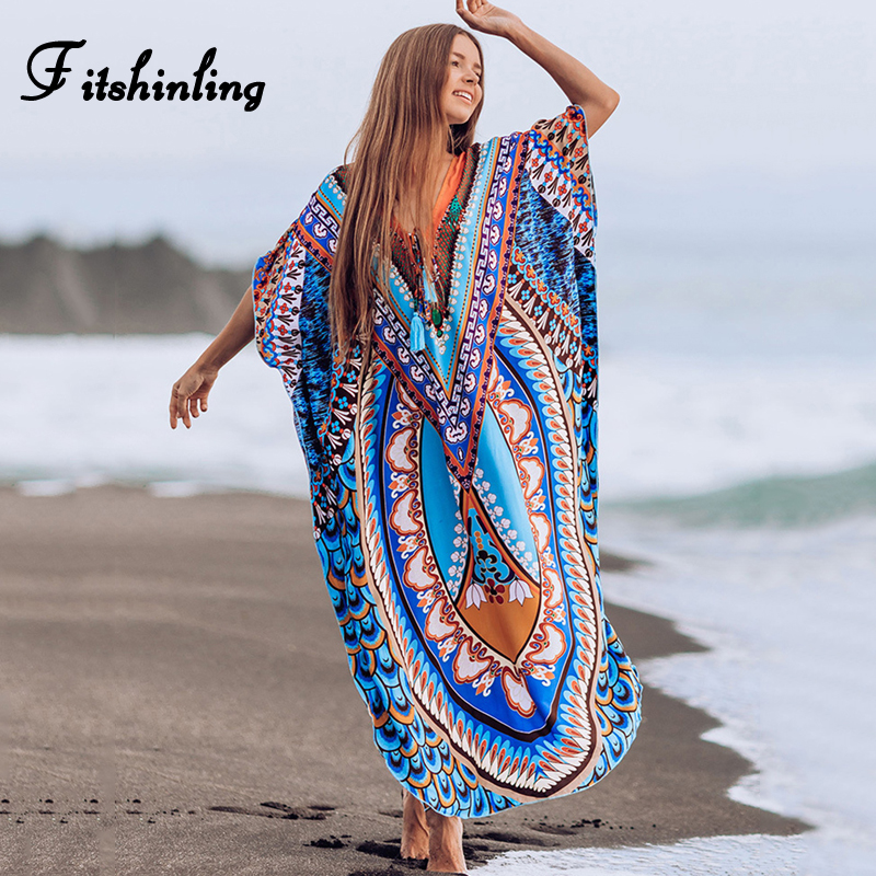 

Fitshinling 2021 Oversized Beach Dress Batwing Sleeve Long Cover-Up Holiday Bohemian Straight Loose V Ne Robe Pareos Outing