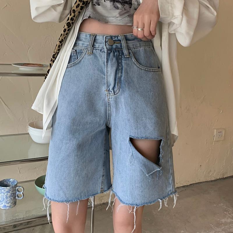 

Women' Shorts HziriP 2021 Straight Hole Jeanswear High Waist Retro Five Point Loose Plus Size Slim Jeans Denim Casual Wide Leg, Photo color