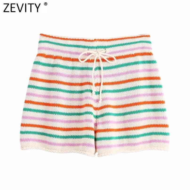 

Zevity Women Fashion Colorful Striped Knitting Summer Shorts Femme Chic Lace Up Waist Casual Pantalone Cortos P1112 210722, As pic ls9372bb
