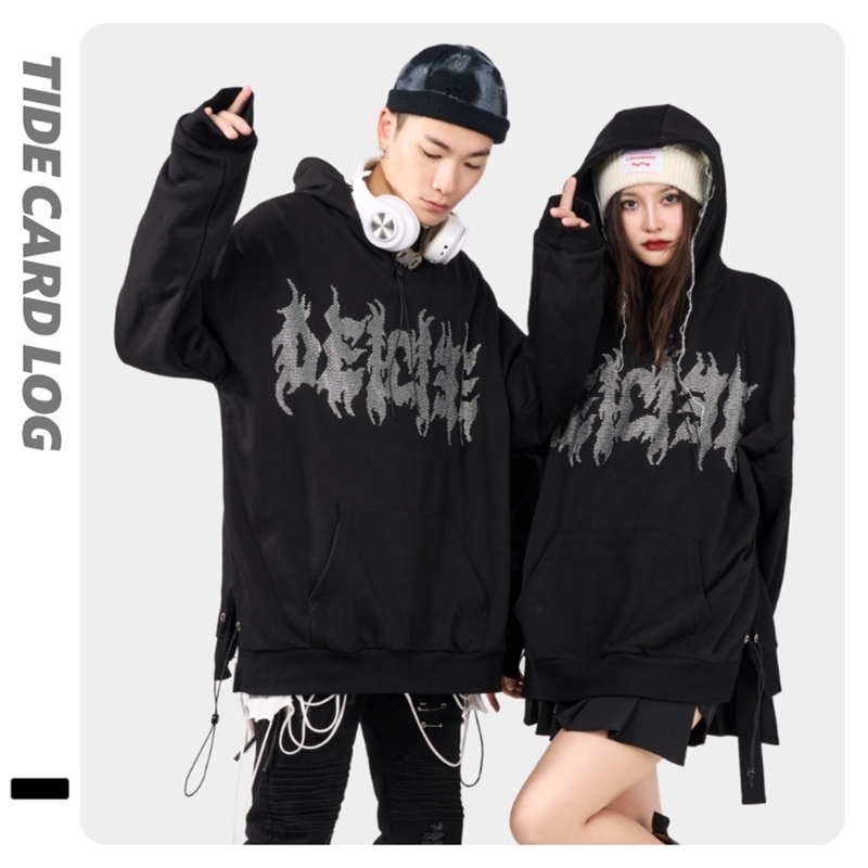 

2021 autumn and winter new hot diamond letter hooded loose fashion brand sweater high street dark no liner head hat men's top, Black