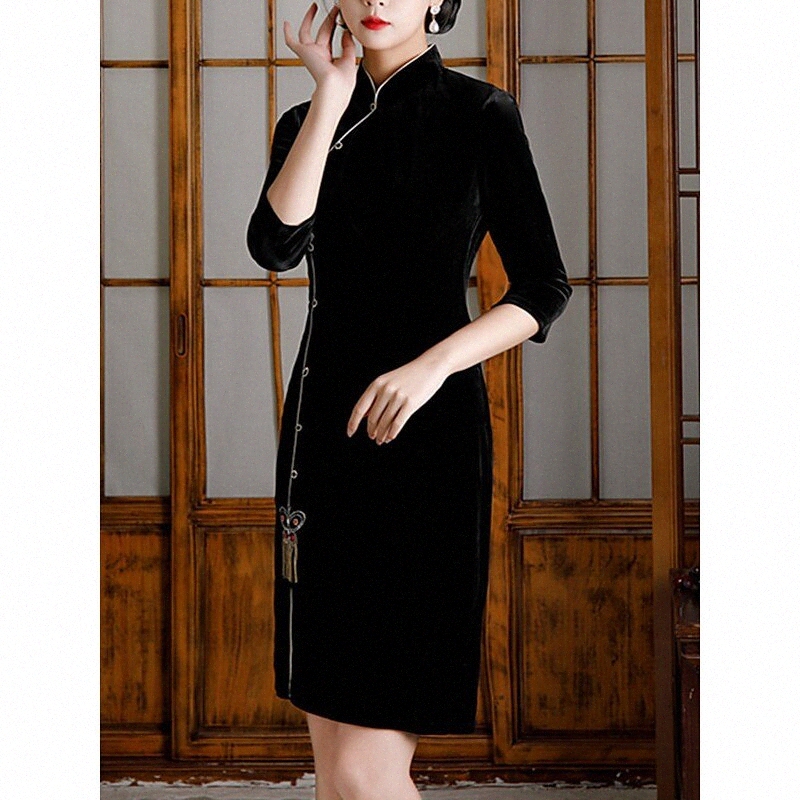 Gaine / Colonne Mère de la mariée Robe élégante Vintage à col haut Vintage court / mini velours 3/4 longueur manche avec l'arc (s) frontal 2022 2