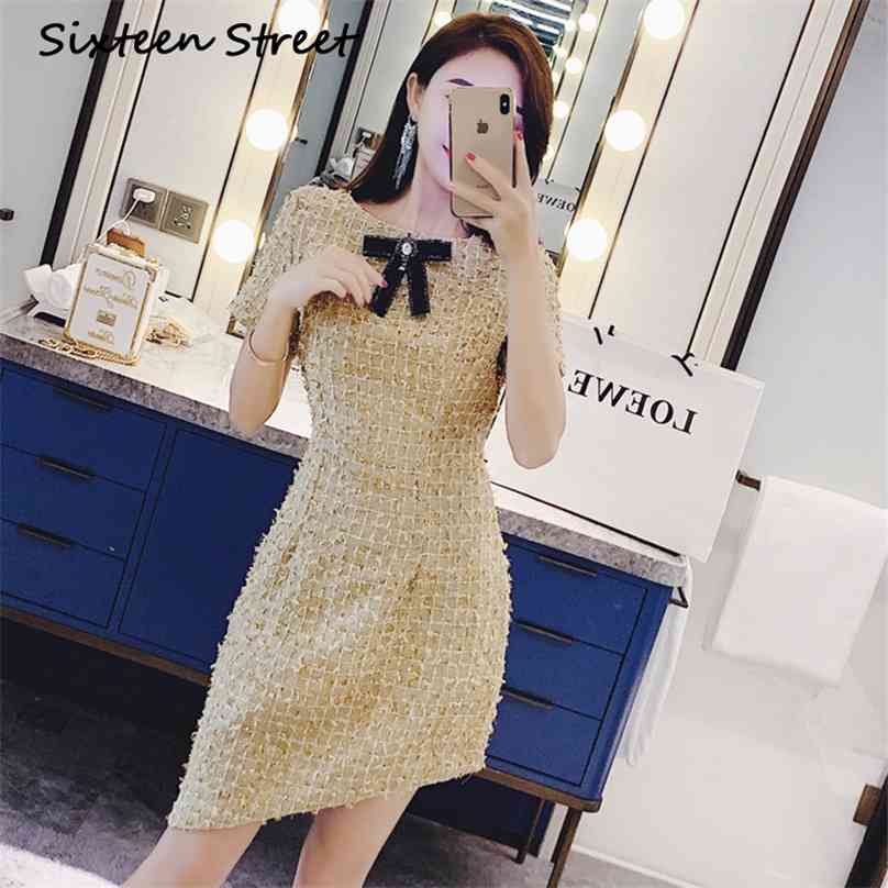 

golden blend asymmetric dress woman short sleeve round neck with bow party mini autumn spring vestidos 210603, Grain gold