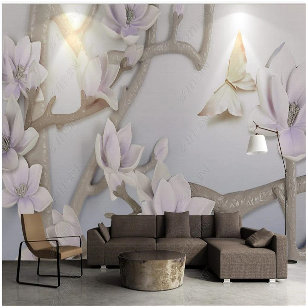 

Custom wallpaper 3D three-dimensional relief butterfly white magnolia wallpapers living room background wall decoration painting