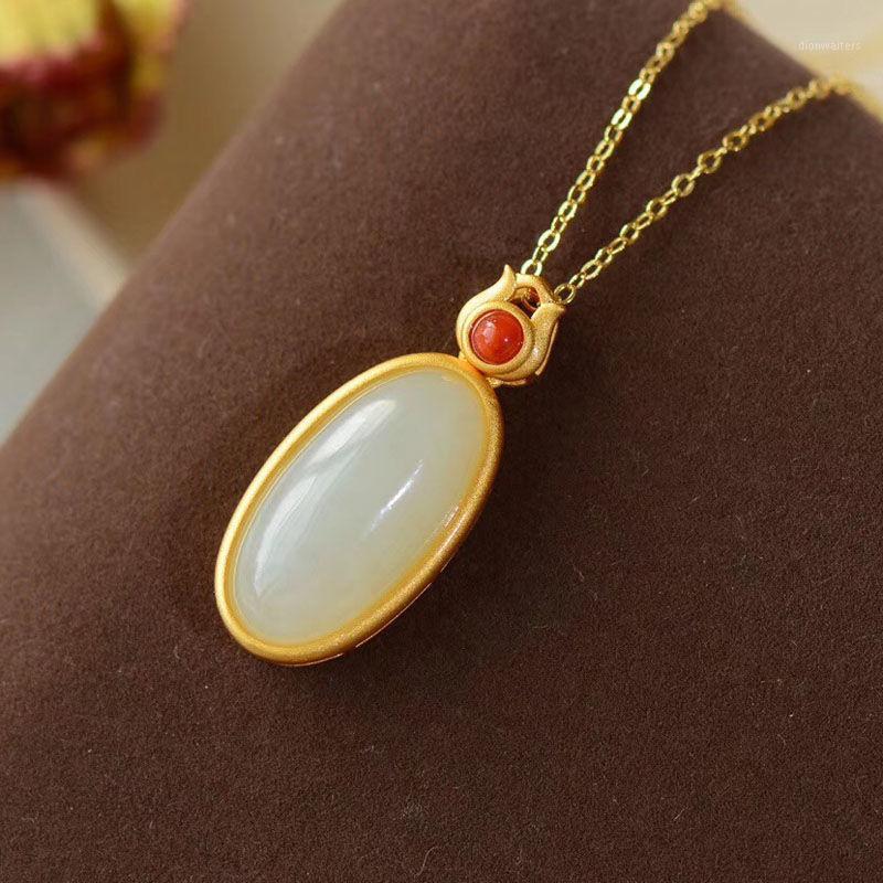 

Silver Inlaid Natural Hetian White Jade Oval Pendant Necklace Chinese Style Retro Charm Minority Design Women's Jewelry Chains