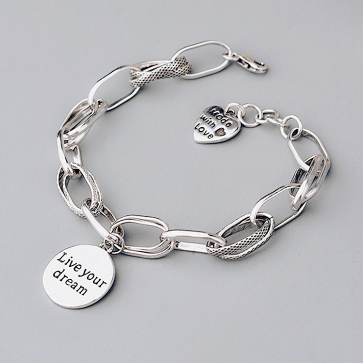 

925 Sterling Silver Love Heart Bracelet Retro Thai Silver Thick Chain Round 'Live Your Dream' Letter Bracelet