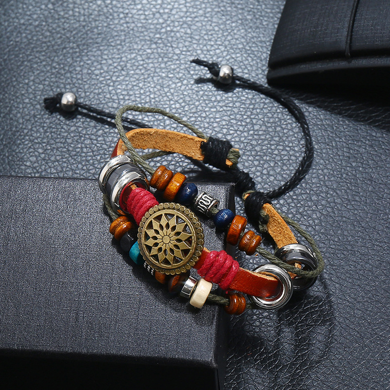 

Vintage personality leather Fashion temperament all-match beaded Charm bracelet