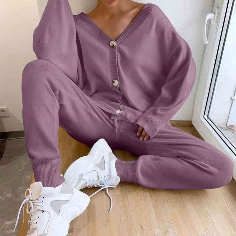 Women&#039;s Two Piece Pants sweaters sets suits fashion customes V neck cardigans long Track Suits for Autumn Winter Woman Knitted sui-image-703879404
