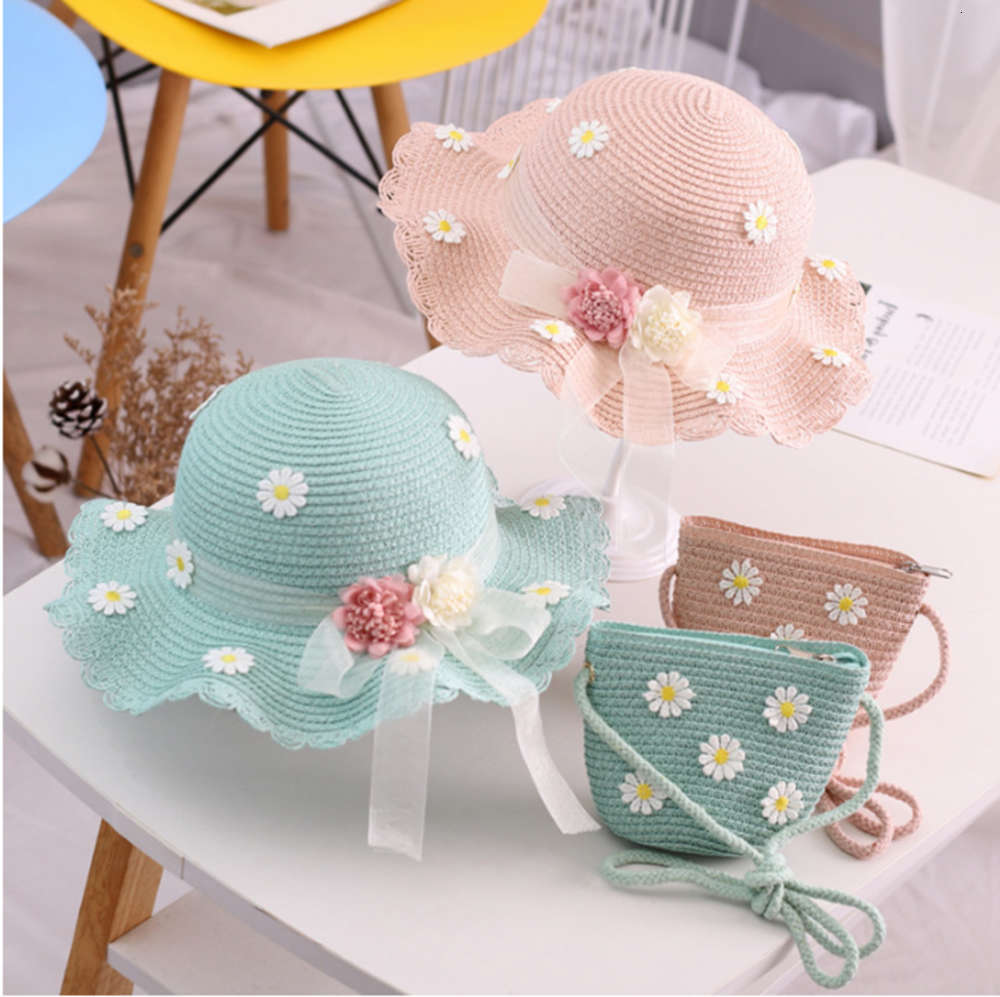 

Children's summer girls sunscreen parent child beach sun cool straw hat small bag set, Yellow