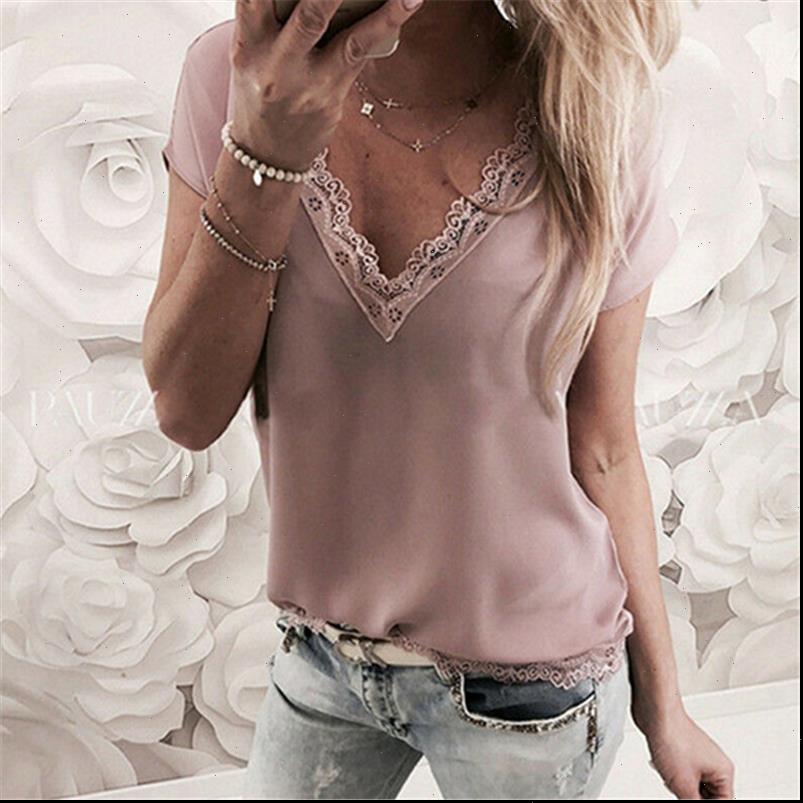 

women shirt short sleeve blouses and ladies summer casual v neck lace patchwork solid loose blusa chiffon clothing, White