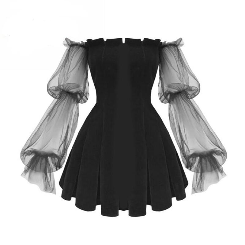 

Casual Dresses Spring 2021 Gothic Sexy Harajuku Black Women Mini Club Punk Mesh Puff Sleeve Female Dress Off Shoulder Vestidos