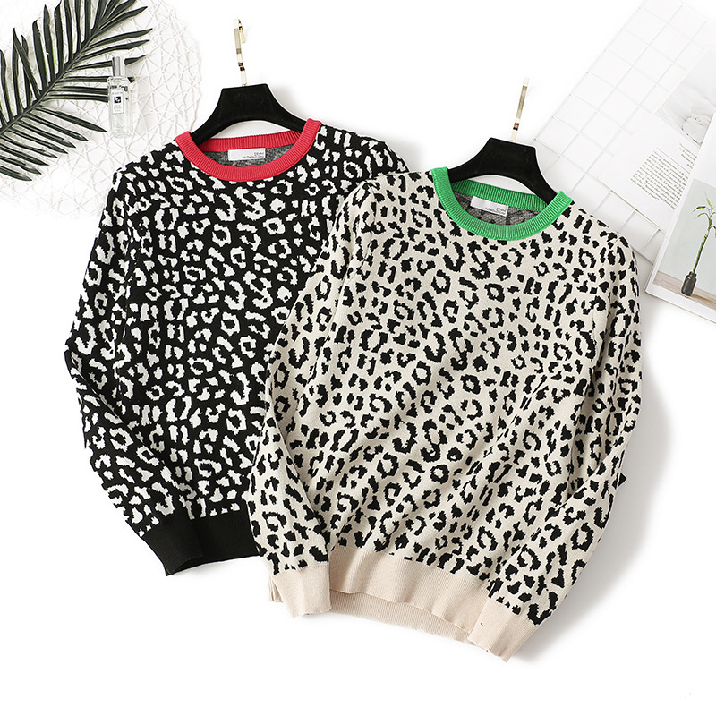 

2021 autumn women o-neck pullovers leopard print women vintage sweater knitting women winter sweater femme pull femme, Black
