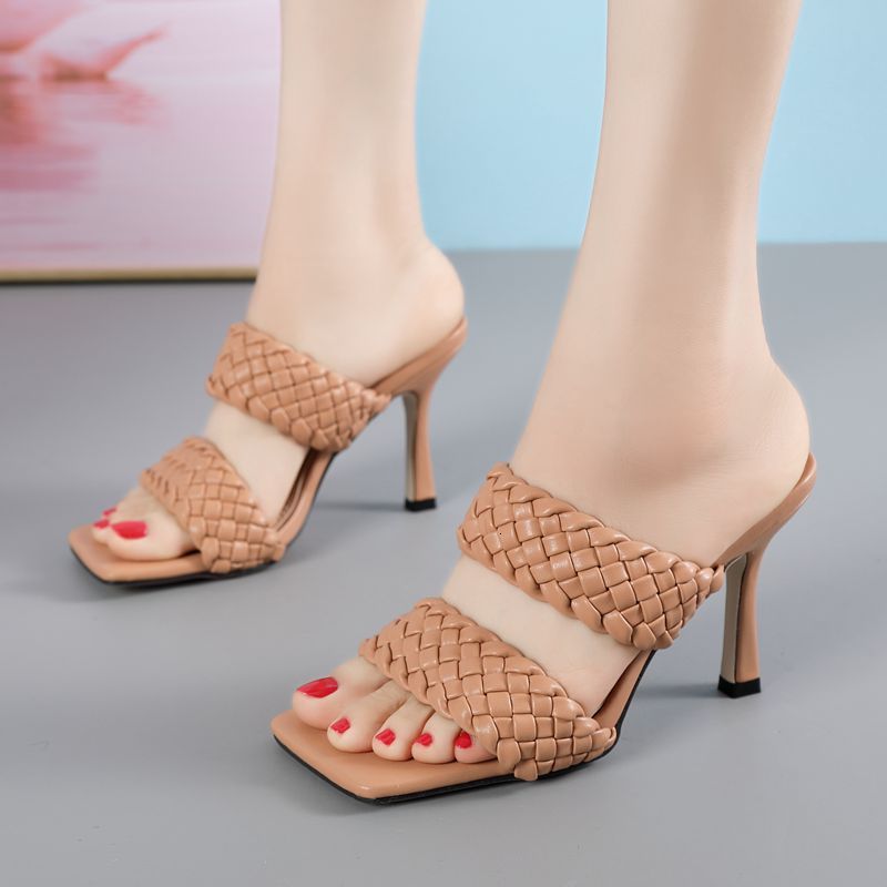 

Sandals Leather Braided High Heels Slippers Women Runway Party Shoes Woman Cross Wove Folds Mules Sexy Thin Heel QYVR, Apricot