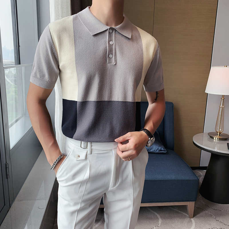 

Contrast Knitted Polo Shirt Men Short Sleeve Lapel Polo Hombre British Style Business Social Casual Slim Polo Camisa Hombre 210527, Gray