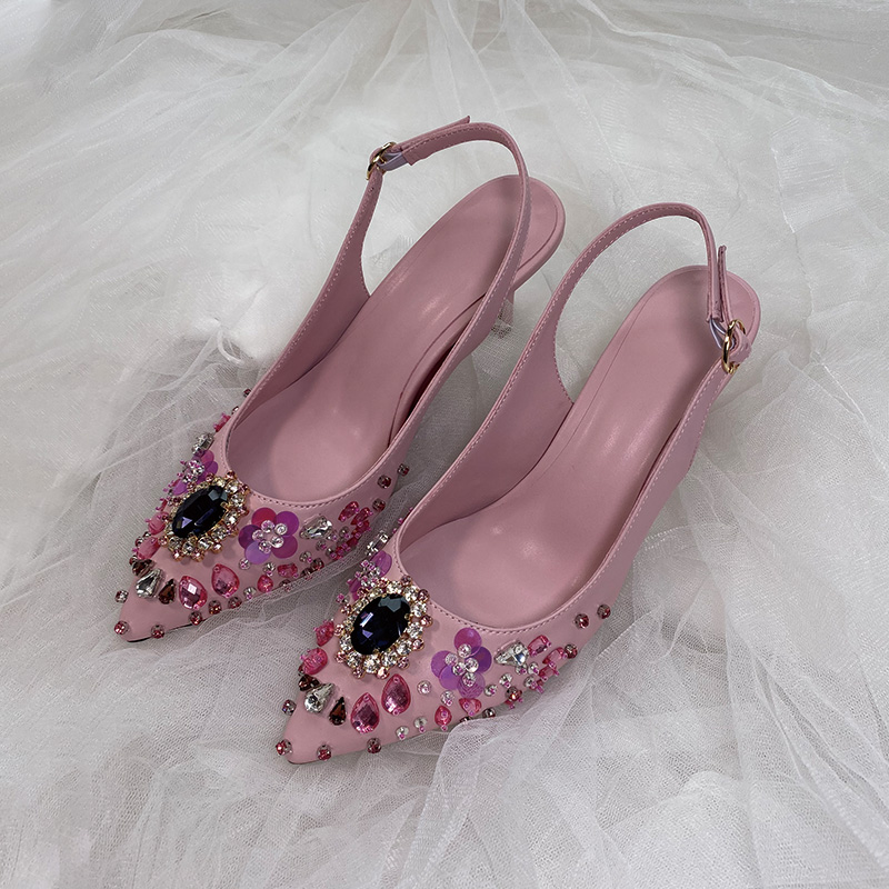 

2022 women Ladies sheepskin real leather 6CM med heels Dress shoes sandals summer spring and full pillage toe pointed wedding Gladiator diamond sexy party size 34-43, Pink