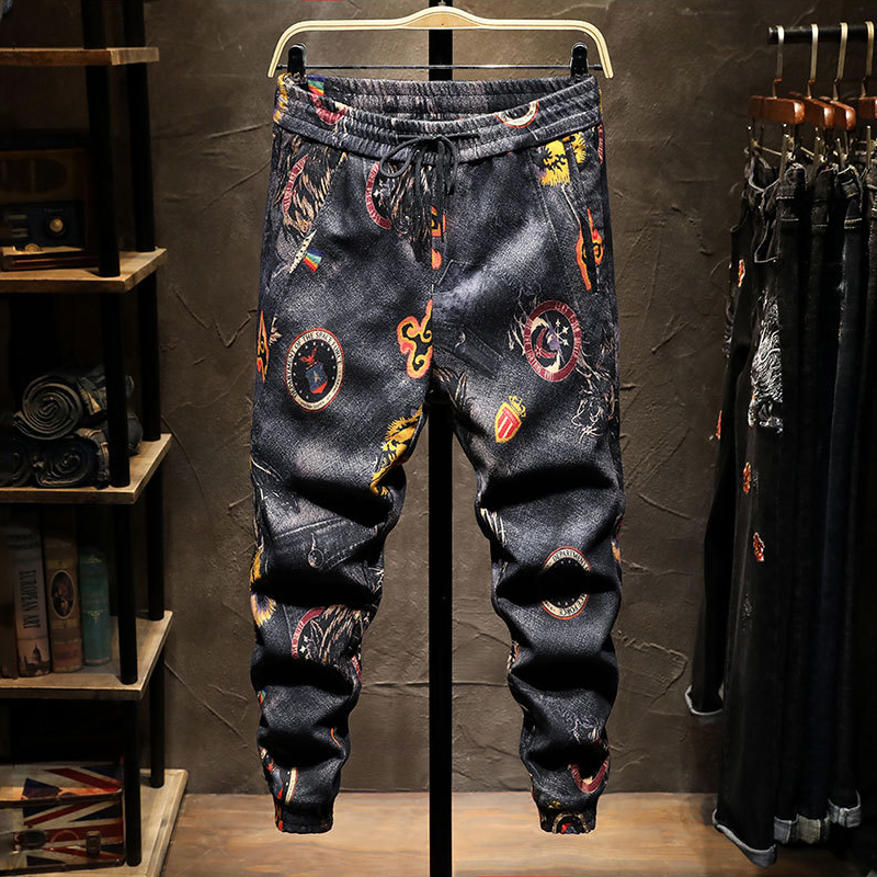 

New Digital Printing Pants Men's Slim Flower Sportswear Spring Autumn Tether Closed Placket Elastic Casual Jogger Trousers, 7901