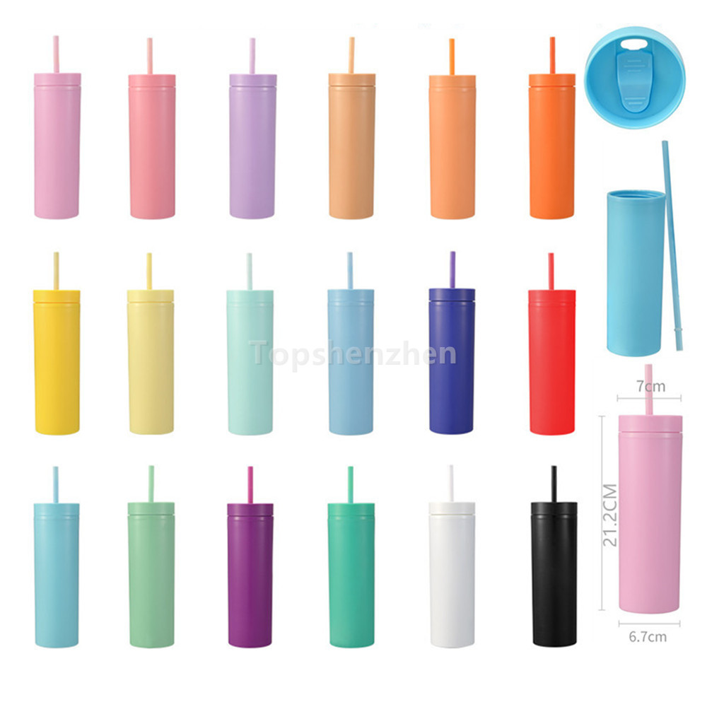 

Reusable Mugs 16oz Acrylic Skinny Tumblers Matte Pastel Colored Double Wall Insulated Water Bottle Coffee Drinking Sippy Cups With Closed Sealing Lid & Free Straws, As pic show