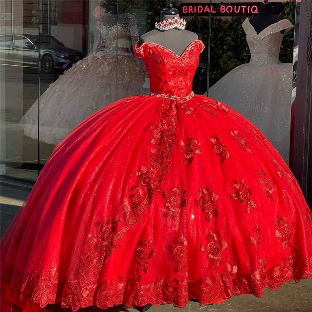 

2021 Red Quinceanera Dresses Off Shoulder Flower Applique Beads Ball Gown Bridal Boutique Custom Made Sweet 15 16 Dresses XV, Brown