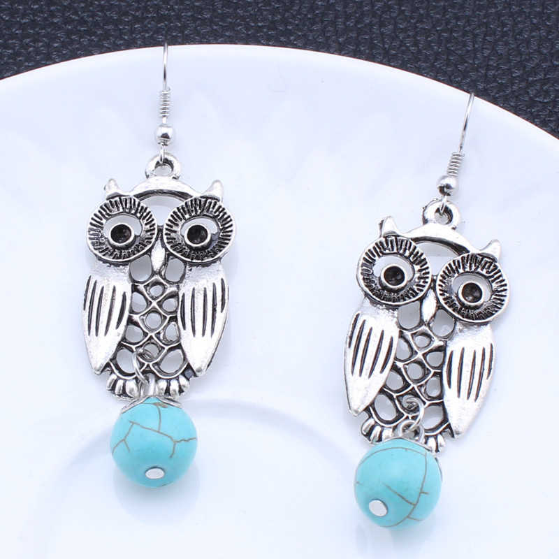 

women's Carved Owl Tibetan silver Turquoise Charm earrings GSTQE034 fashion gift national style women DIY earring