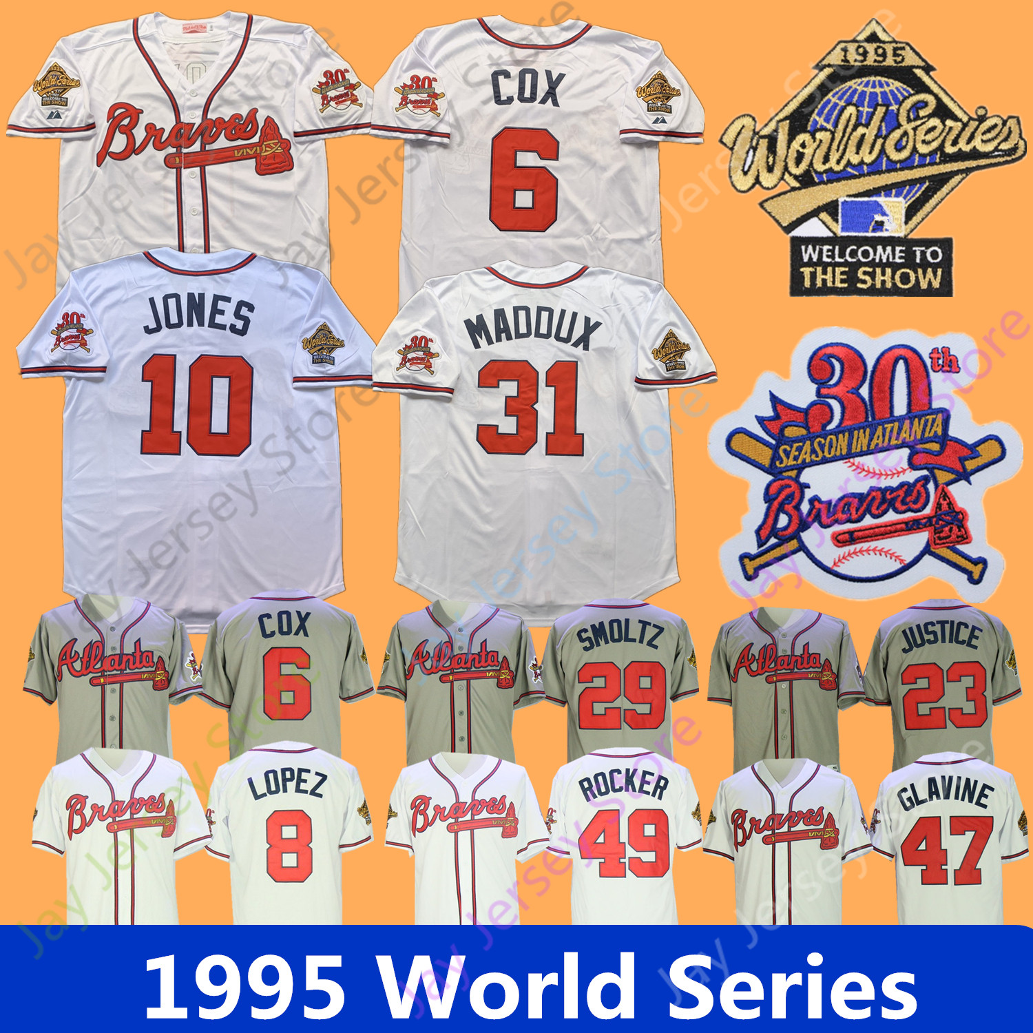 

1995 World Series Jersey Baseball Vintage Bobby Cox Javy Lopez Chipper Jones David Justice John Smoltz Tom Glavine John Rocker Maddux Grey Home Way, Blue;black