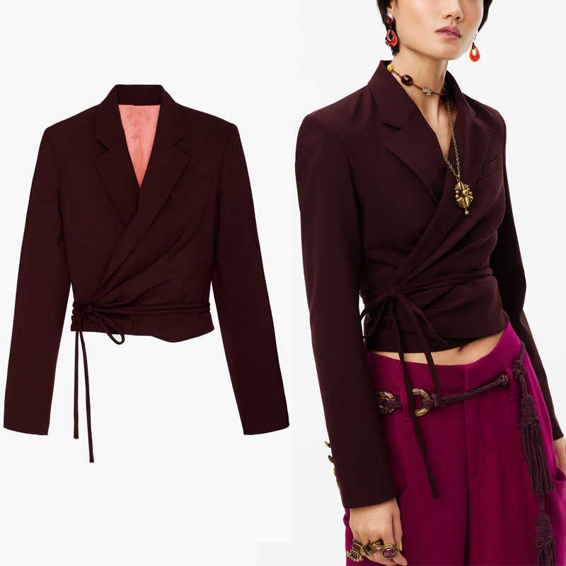 

Za Vintage Cropped Wrap Blazer Women Long Sleeve Shoulder Pads Pleat Casual Blazers Coat Woman Chic Front Tie Outerwear Top 210602, As picture