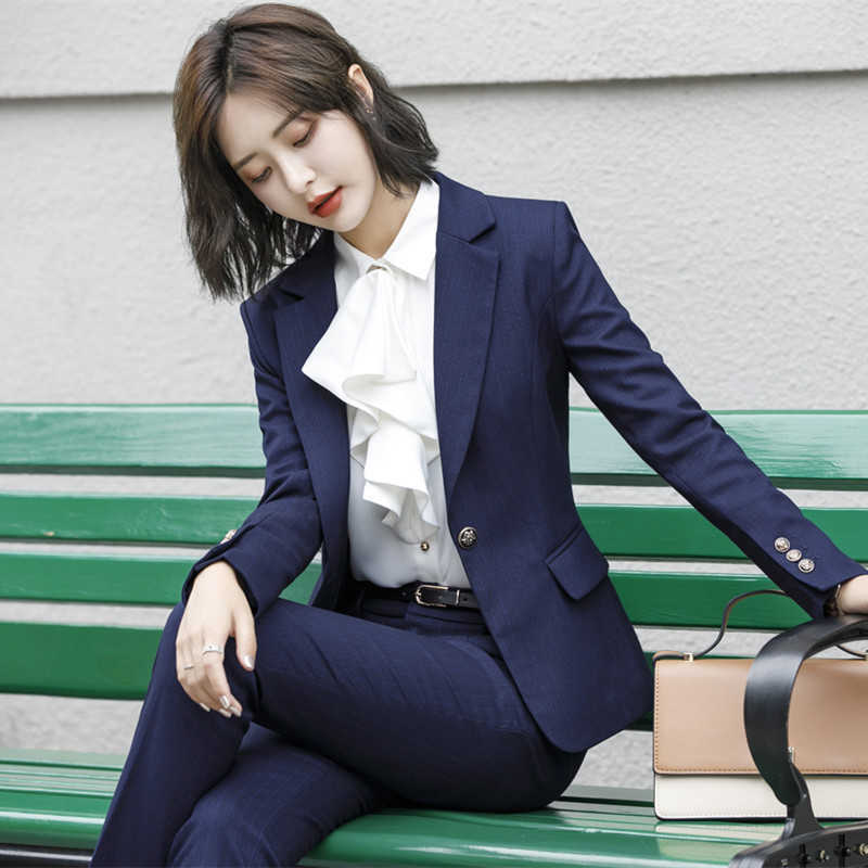 

Ladies Business Wear Autumn Winter High Quality Slim Striped Long Sleeve Small Suit Jacket Casual Skirt and Pants Set 210527, Blue skirt -2