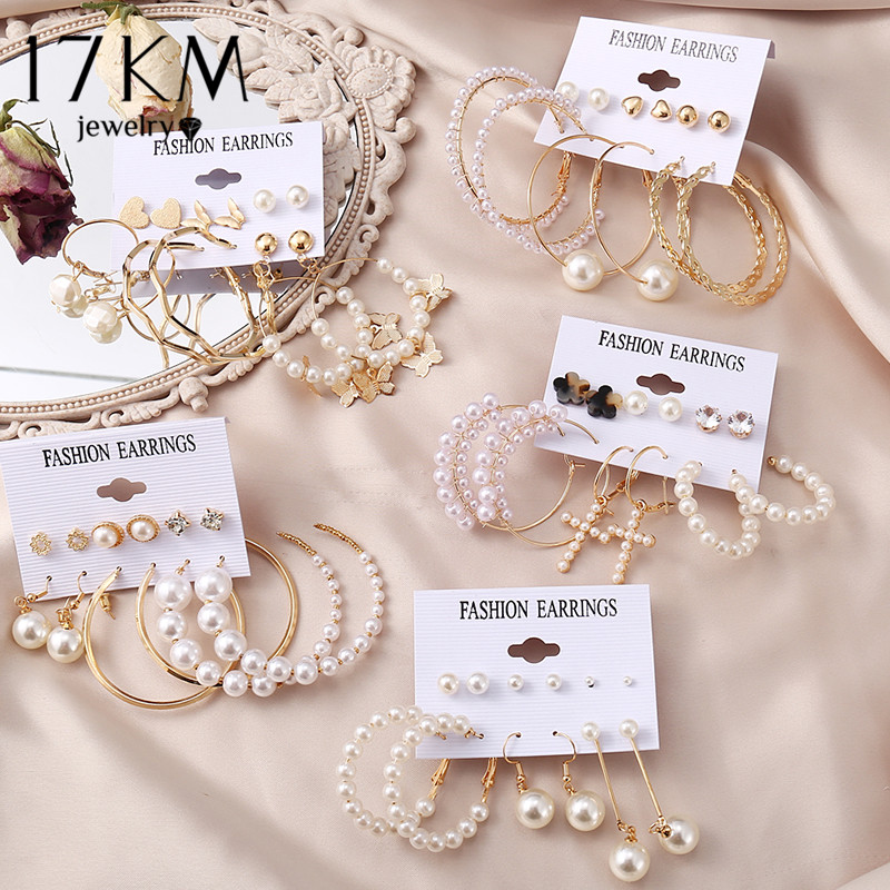 

17KM Vintage Pearl Earrings stud For Women Big Gold Cross Set of Earring Long Tassel Butterfly Dangle Drop 2021 Jewelry, Golden;silver