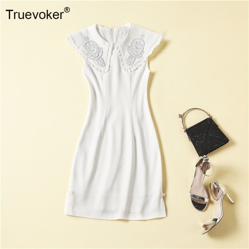 

Truevoker Summer Runway High End Fashion Robe Women Sleeveless Pearl Big Peter Pan Collar Elegant White Pencil Dress 210602, Ivory