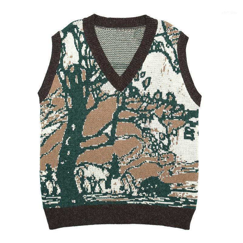 

Men's Sweaters LACIBLE Harajuku Jumper Sweater Vest Men Hip Hop Streetwear Big Tree Graffiti Knitted Women Sleeveless Pullover, Khaki