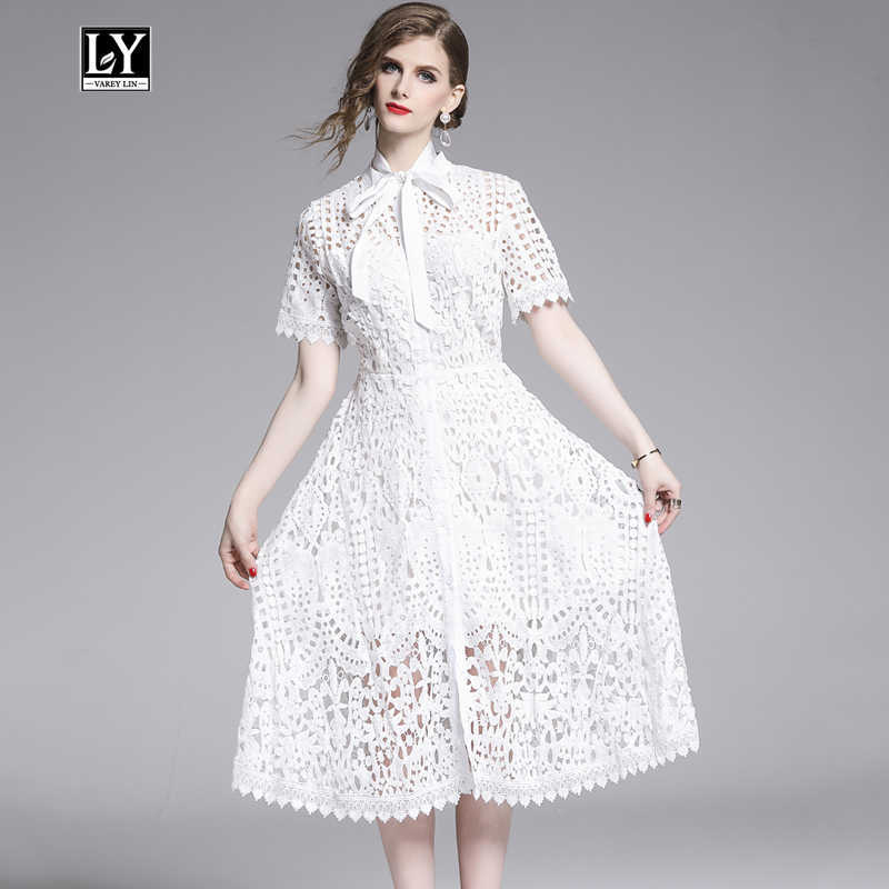 

LY VAREY LIN Elegant Party Dress Lace Hollow Out Stand Collar Short Sleeve Single Breasted Black High Waist Mid-calf 210526, White