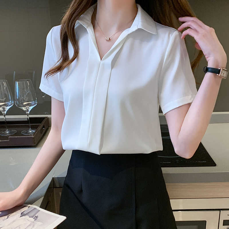 

Korean Summer Women' Shirt Chiffon Blouses for Women Short Sleeve  White Polo Neck Blouse Top Female Woman Basic OL 210604, Blue