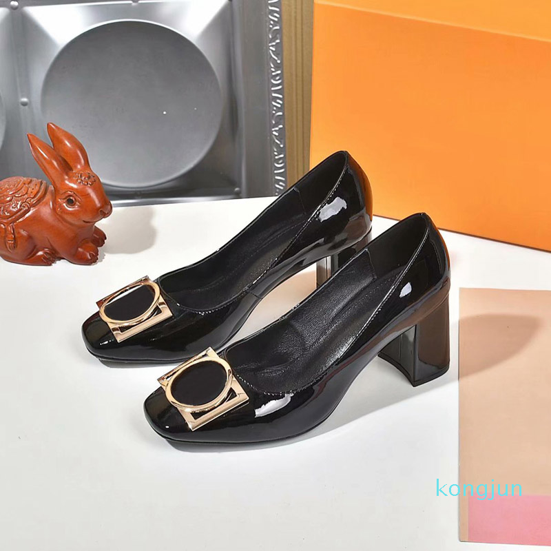 

Women Pump Fashion High Low Block Heels Square Toe Pumps Triple Black Leather Loafers Lady Wedding Shoes, 7.5cm heel