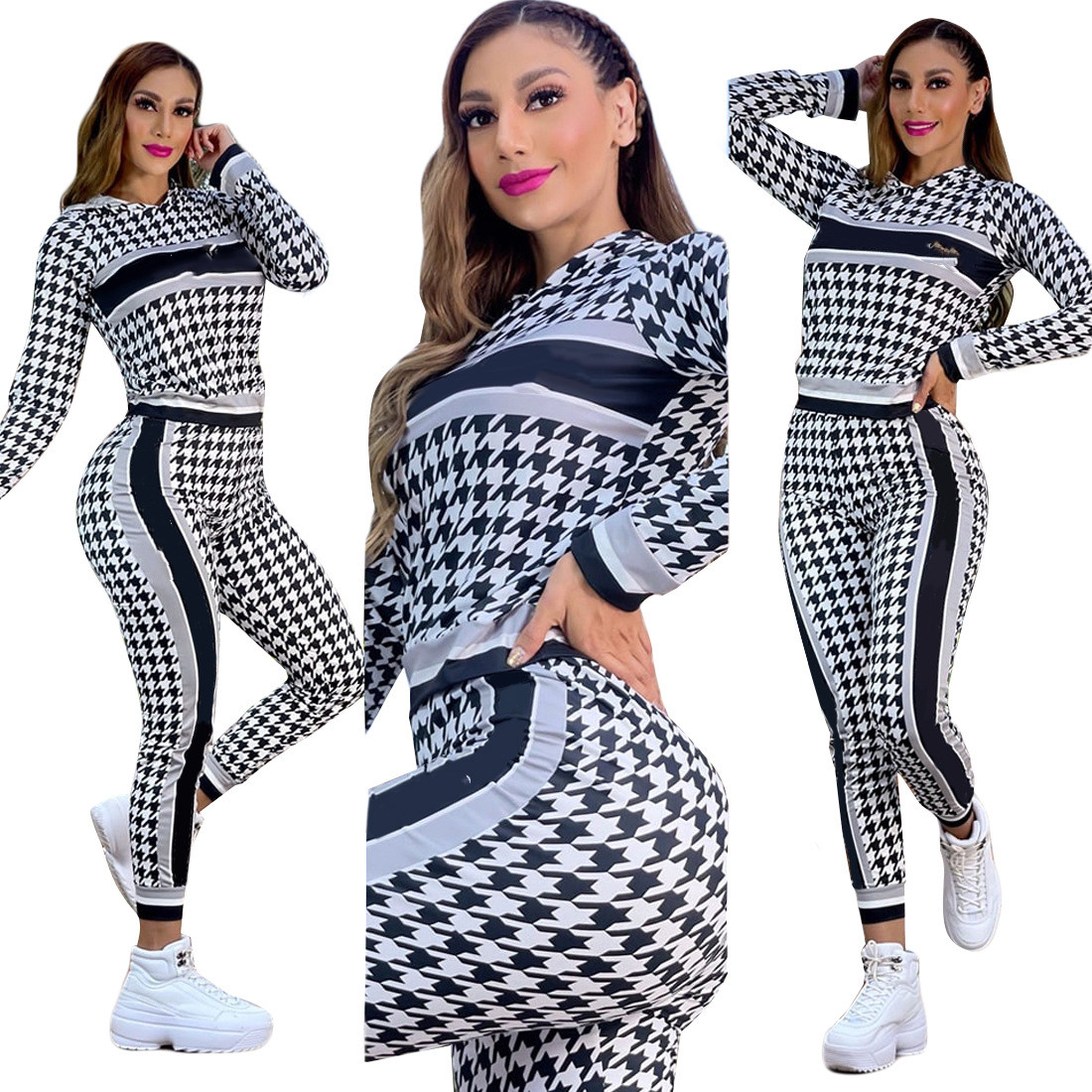 

Sexy Women Two Piece Pants Sets Long Sleeve Hooded Collar Jacket Coats Top and Skinny Pants Print African Womens Plus Size Set Suit YS2, White