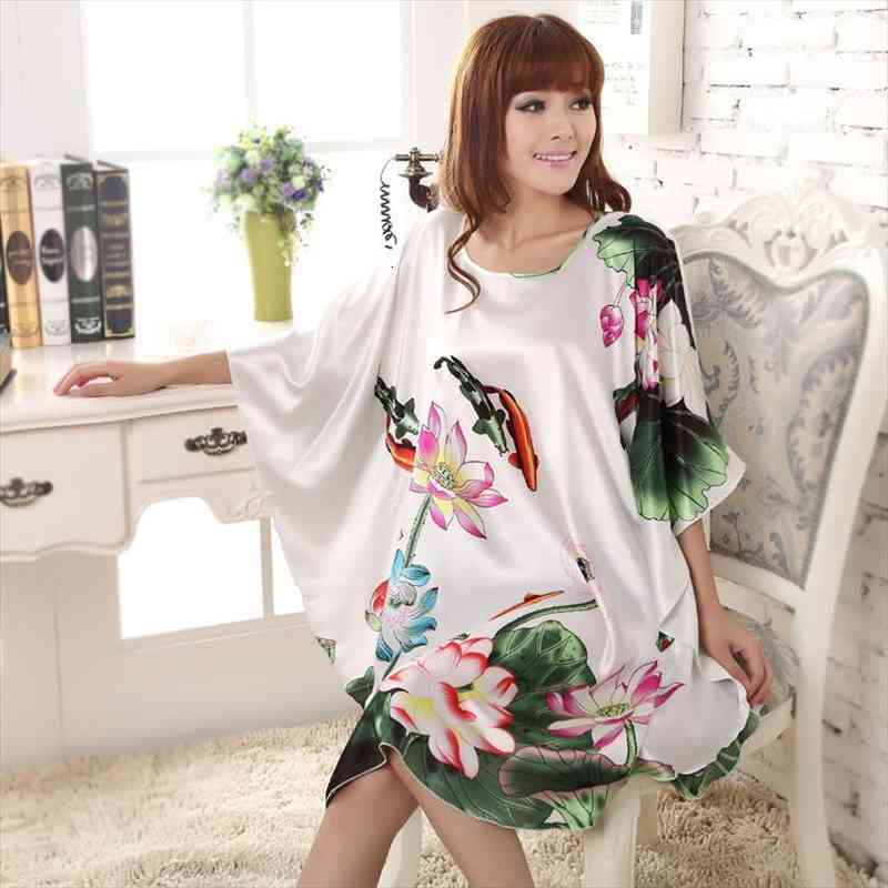 

Arrival Chinese Women Summer Silk Sleepwear Sexy Mini Robe Dress Printed Kaftan Bath Night Gown Flower  Q01, Black;red