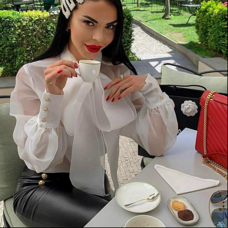 

fashion elegant see through womens blouses sheer mesh puff long sleeve club, White