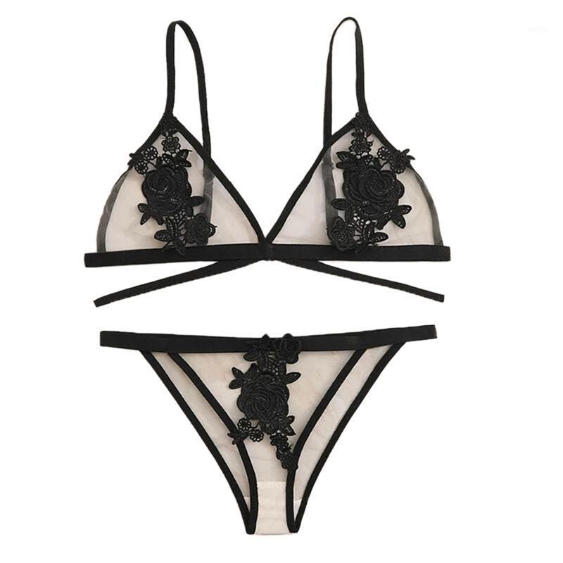 

Bras Sets Women Super Thin No Sponge Transparent Bra Sexy Set Female Perspective Mesh Embroidery Underwear Set//, Gray