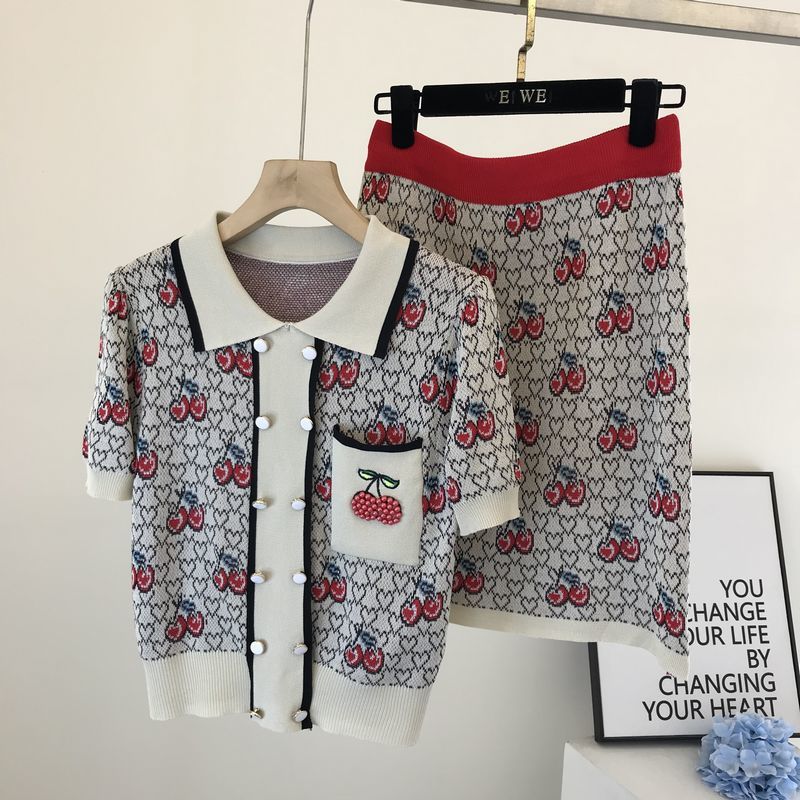 

Suit skirt female summer temperament fashion age-reducing blouse cherry flower pattern repair heavy industry 210525, Red