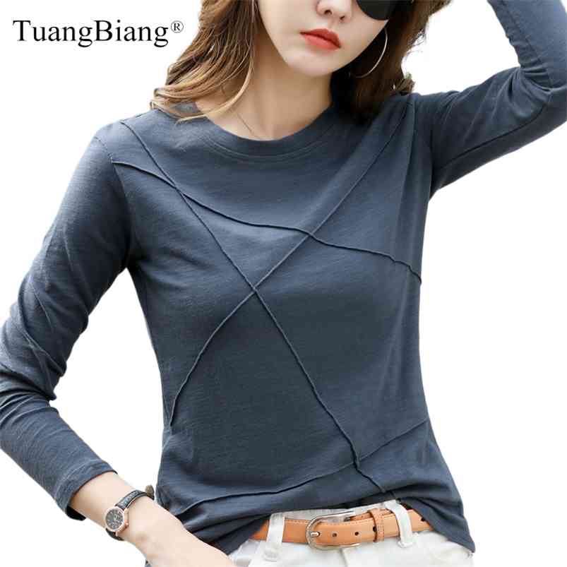 

Ribbed Sping Fashion Bamboo Cotton T-Shirt Autumn Women O-Neck Loose Simple Purple Tshirt Long Sleeve Ladies Green Cozy Top 210722