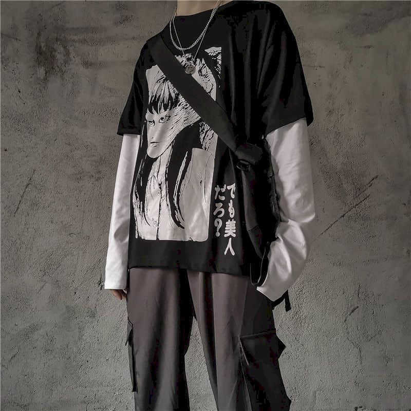 

T-shirt male and female Autumn Harajuku dark cartoon print loose fake two-piece long-sleeved student top shirts 210526, Black