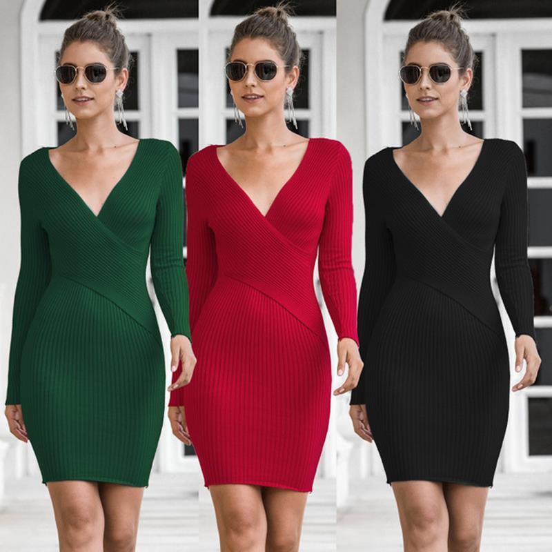 

elegant v neck sweater women dress wrap mini fall winter long sleeve knitted bodycon red black white ladies dresses c419, Black;gray