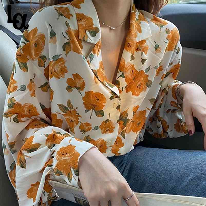 

Spring Floral Retro Blouse Women Outdoor Chiffon V-neck Long Puff Sleeve Fairy Loose Office Lady Shirt Female Korean 210519, Yellow rose