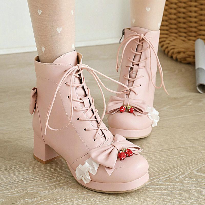 

Boots Spring Autumn Lolita Women Shoe Thick Heel Round Toe Bow Ladies Cute Ankle Boot Young Students Japanese Korean Style Winter, Black
