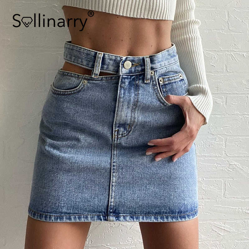

Sollinarry Hollow washed denim skirt woman High waist asymmetric button short skirt female Fashionable streetwear summer skirts 210709, Blue